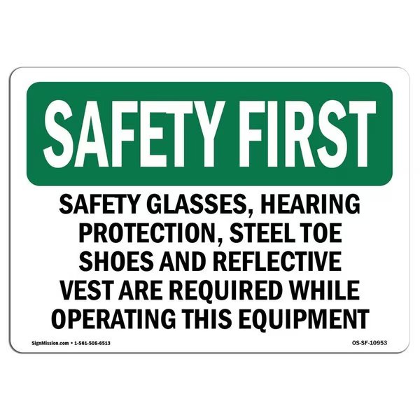 OSHA Sign, Glasses Hearing Protection Steel, 18in X 12in Aluminum, 18